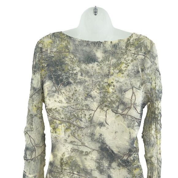 Komarov Crinkle Floral Print Top Size L v-Neck Long Sleeve Green Yellow Layered - Picture 7 of 12